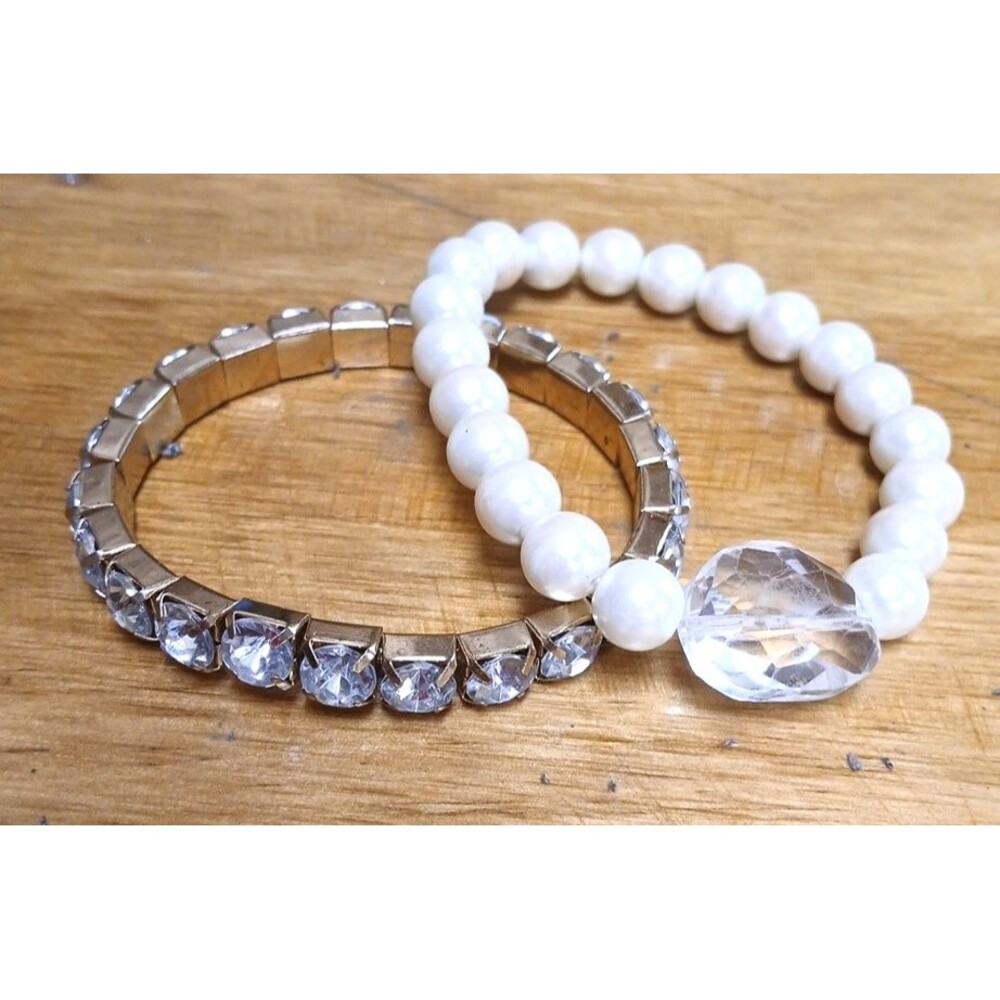 2 Fashion Bracelets Faux Pearl Copper Crystal Look